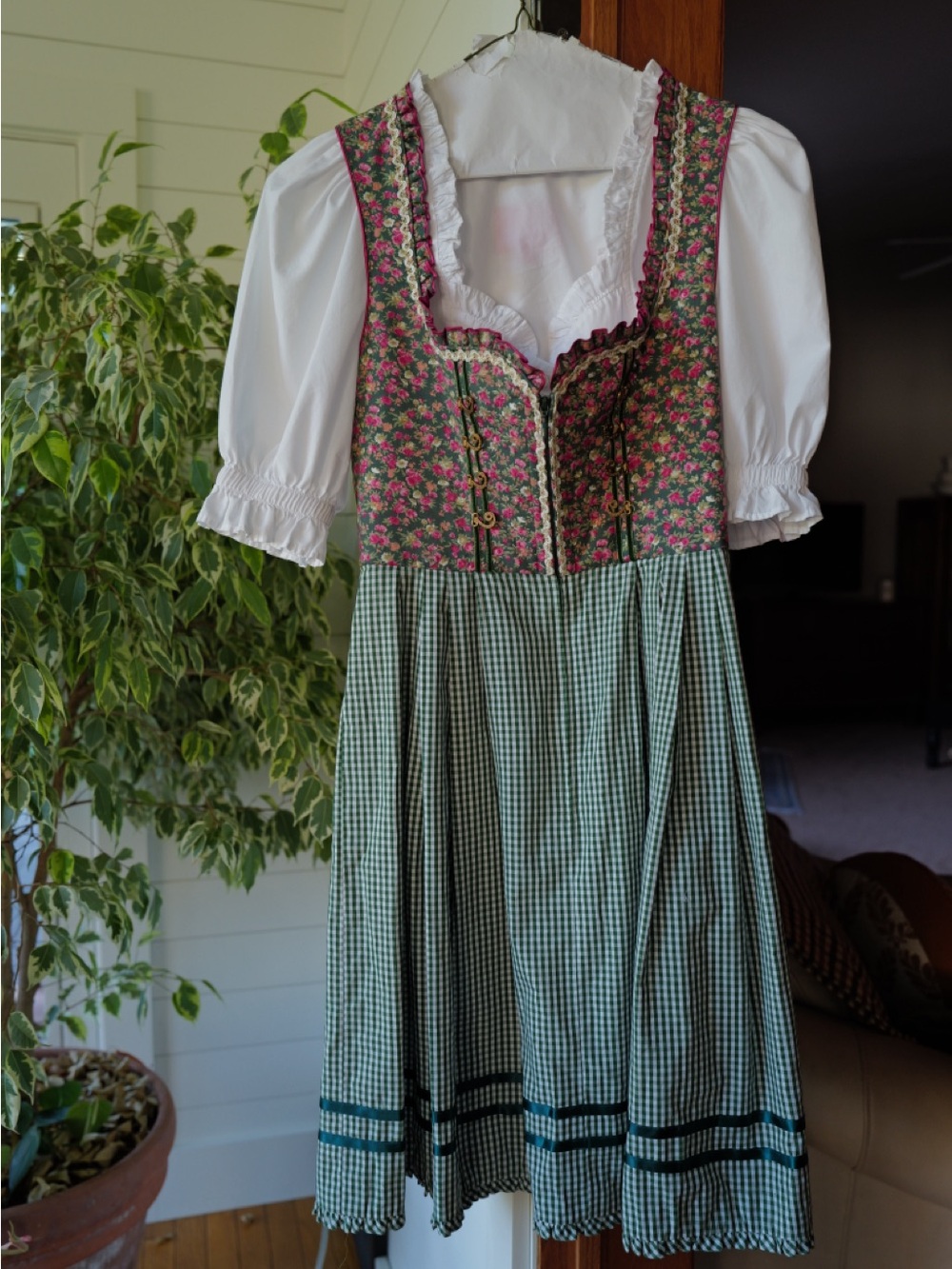 Kruger Green Gingham & Floral Dirndl Dress with White Blouse